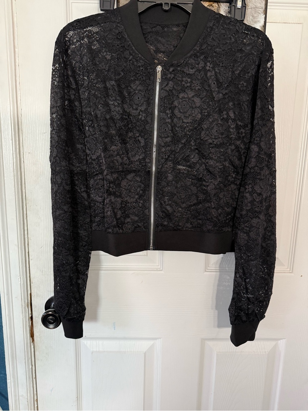 Black Lace Bomber Jacket with Silver Zip